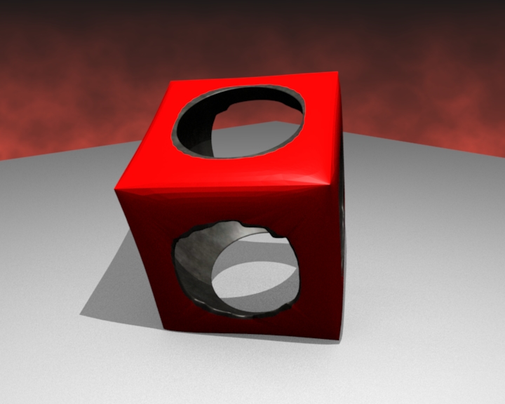 A cube with rusty holes in it.