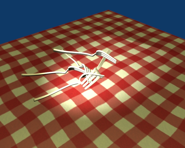 A desk with some forks lying in a mess