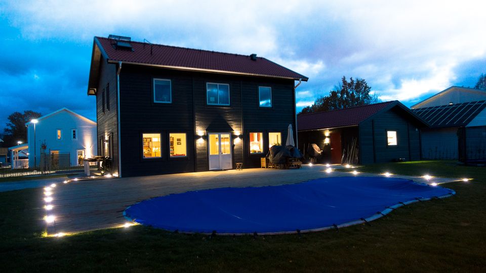 Final result pool and terrace by night with lightning