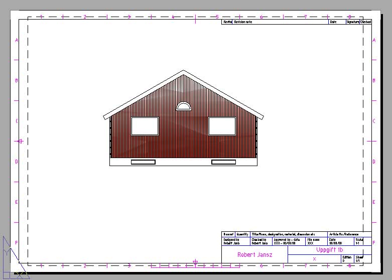 A blueprint with a colored house facade.