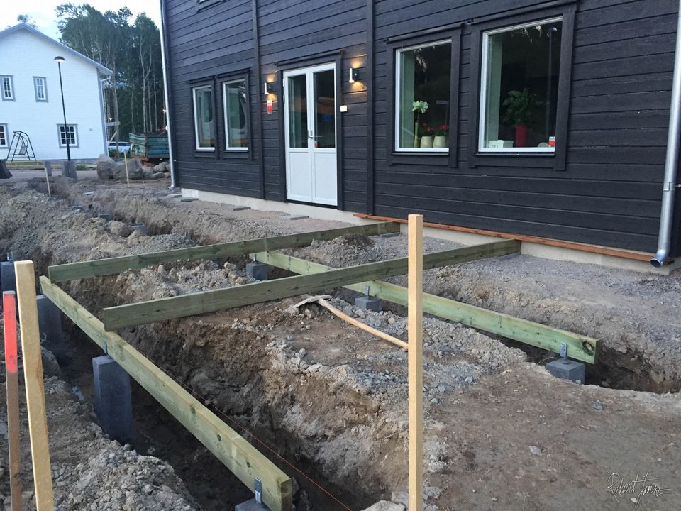 Wooden framework beneath the patio